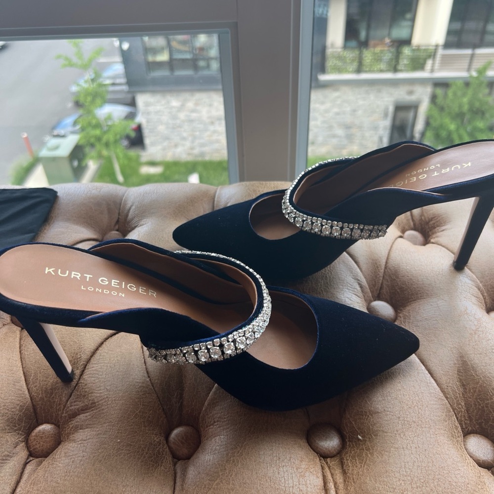 Kurt Geiger London Duke Navy Velvet Heels with Crystal Embellishment